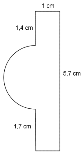 Figuren er omrisset av fem rette linjer og en halvsirkel (og kan minne om en slags hatt). De rette linjene har lengder: 1 cm, 1.4 cm, 1.7 cm, 5.7 cm og 1 cm. Diameteren i halvsirkelen pluss lengdene på 1,4 cm og 1,7 cm er til sammen 5,7 cm.